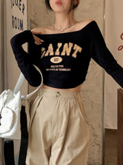 Letter Print Off Shoulder Long Sleeve Tee