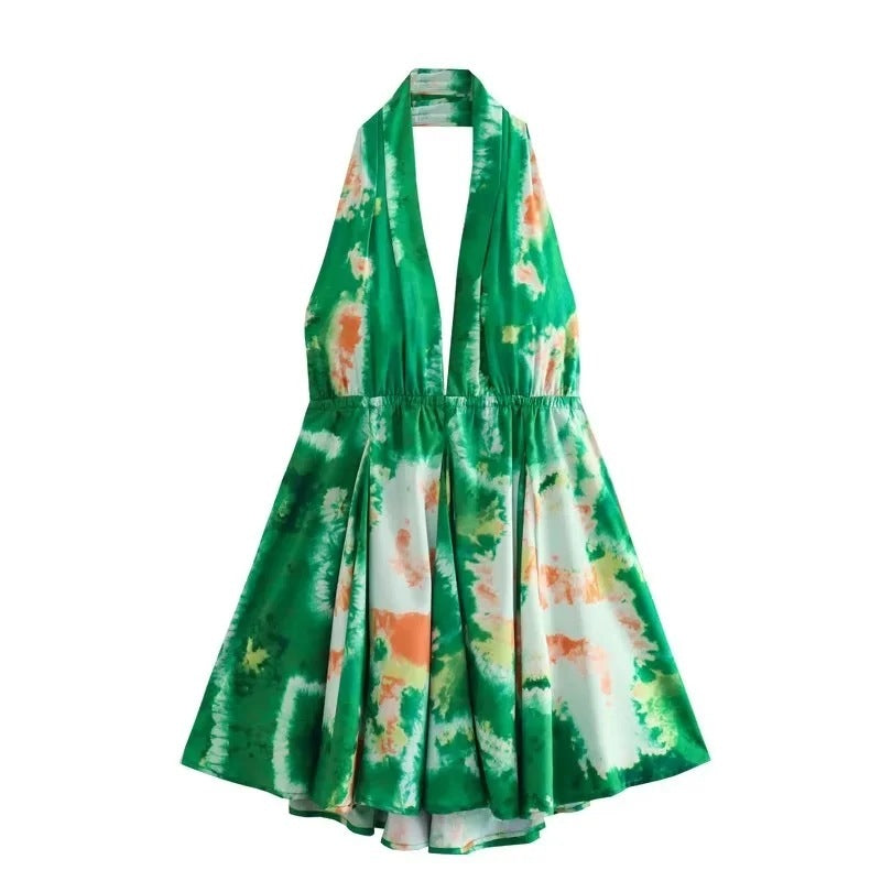 New fashionable V-neck suspender sexy printed halter neck short dress