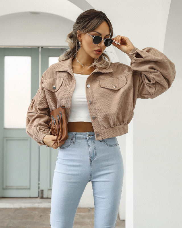 Corduroy Jacket Lantern Sleeve Single Breasted Short Jacket