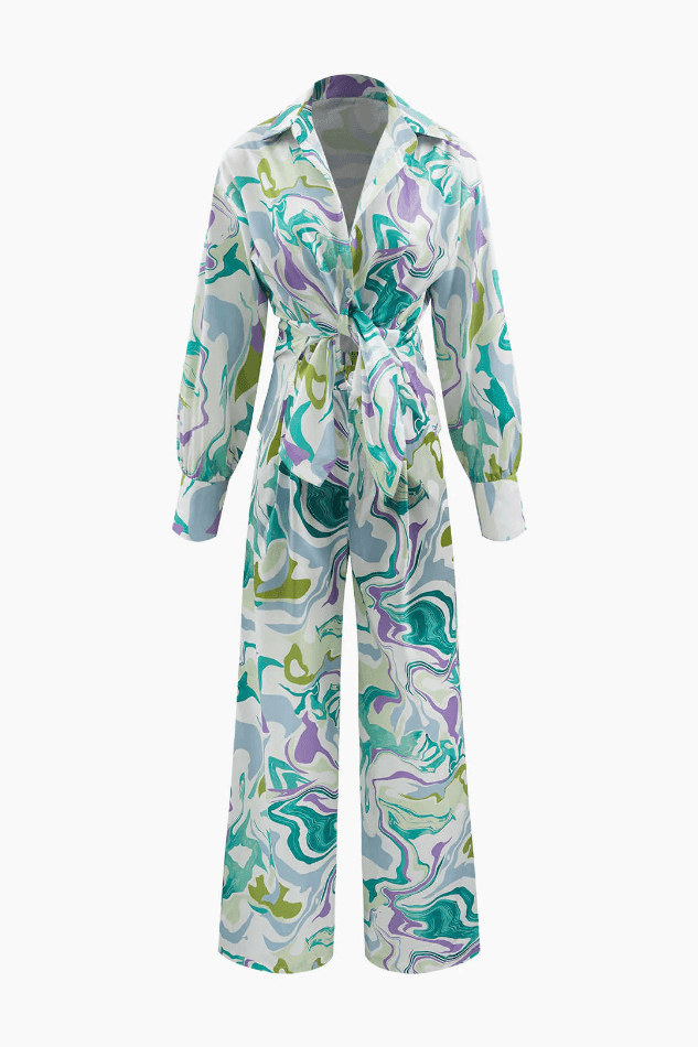 Marble Print Shirt And Full-length Pants Set
