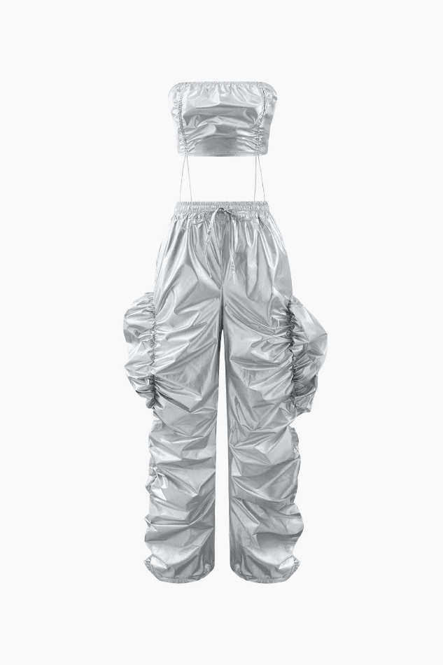 Metallic Drawstring Tube Top And Gathered Pants