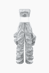 Metallic Drawstring Tube Top And Gathered Pants