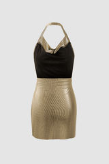 Metallic Halter Backless Slit Mini Dress
