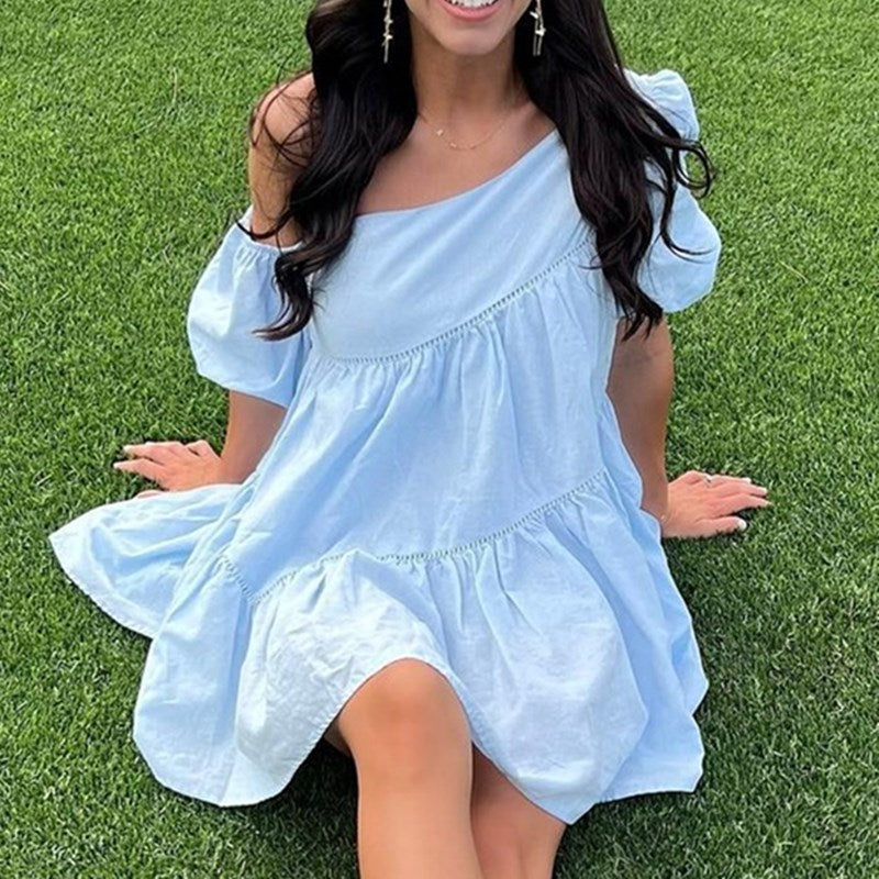 casual loose off-shoulder puff sleeve patchwork short-sleeved dress irregular skirt