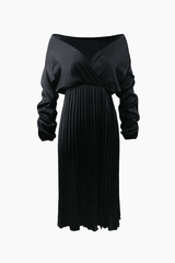 Off Shoulder Satin Pleated Midi Dress