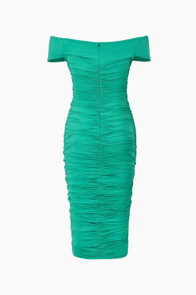 Off The Shoulder Ruched Midi Dress
