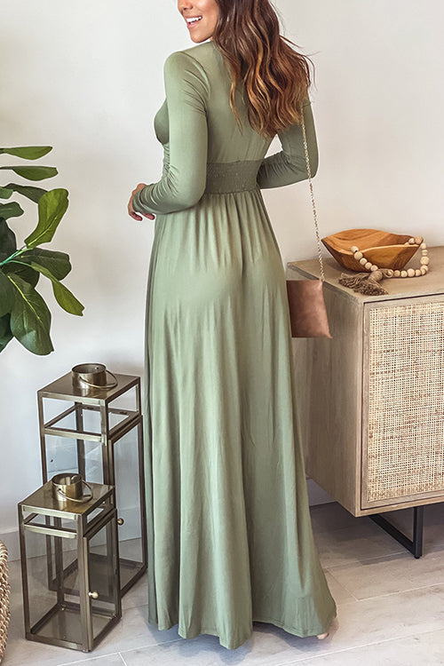 V Neck Long Sleece Slit Maxi Dress