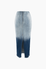 Ombre Frayed Slit Denim Maxi Skirt