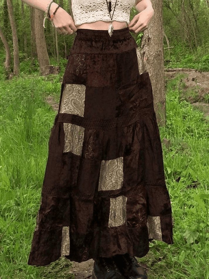 Patchwork Velvet Printed Maxi Skirt