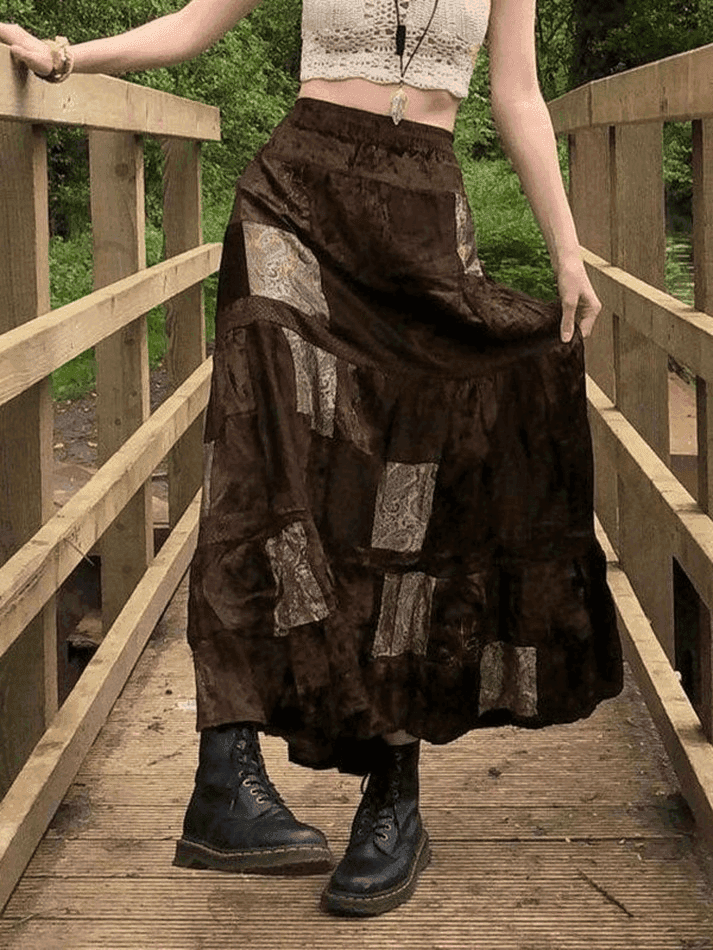 Patchwork Velvet Printed Maxi Skirt