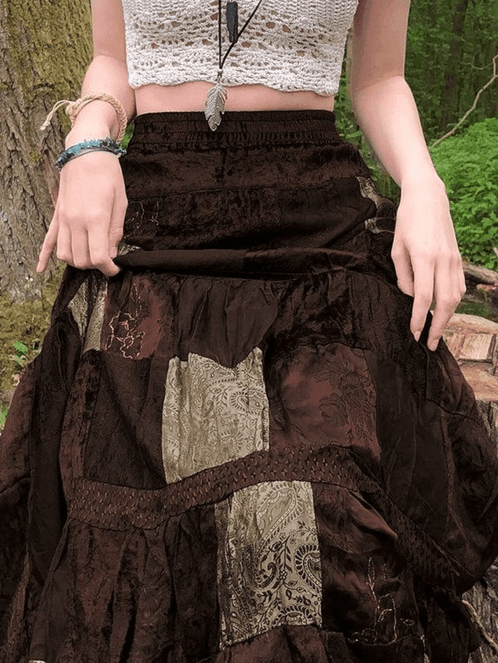 Patchwork Velvet Printed Maxi Skirt