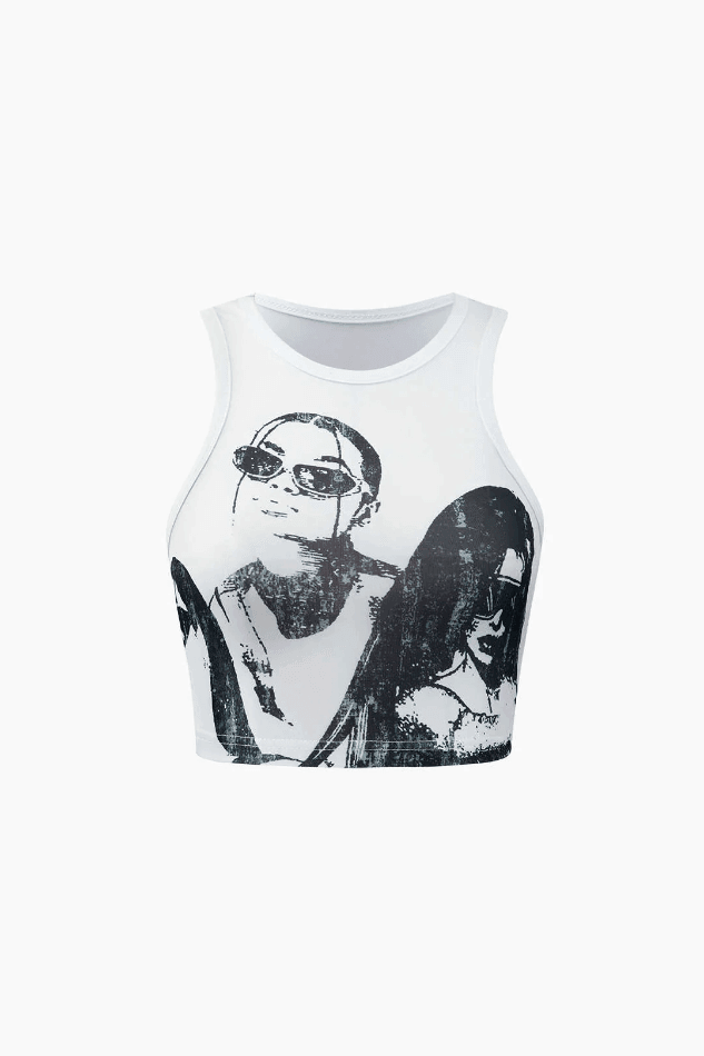 Portrait Print Tank Top And Mini Skirt Set