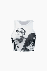 Portrait Print Tank Top And Mini Skirt Set