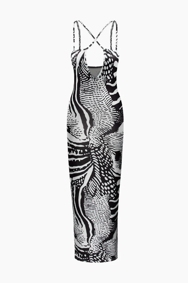 Printed Cross Strap Cut Out Maxi Dress