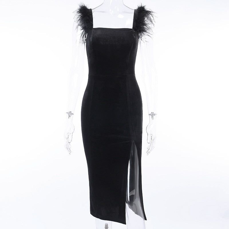 Alba Feather Velvet Midi Dress