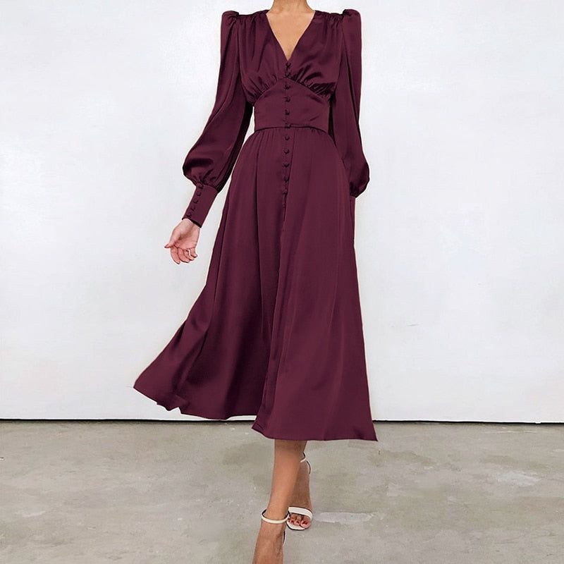 Angela Lantern Sleeve Satin Midi Dress