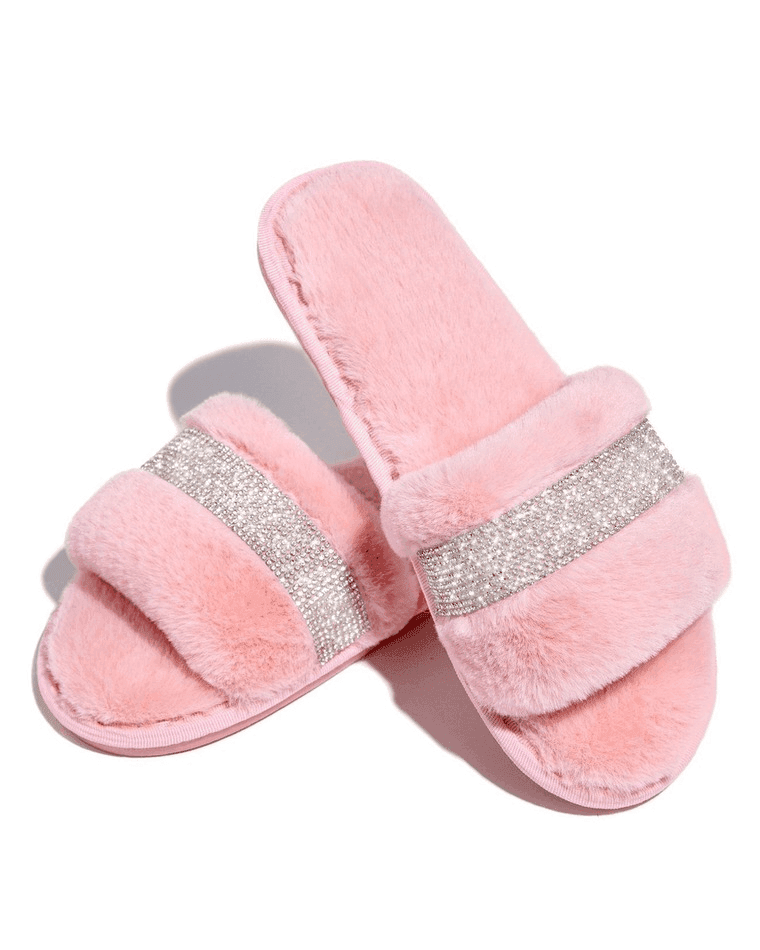 Rhinestone Fluff Flat Slippers