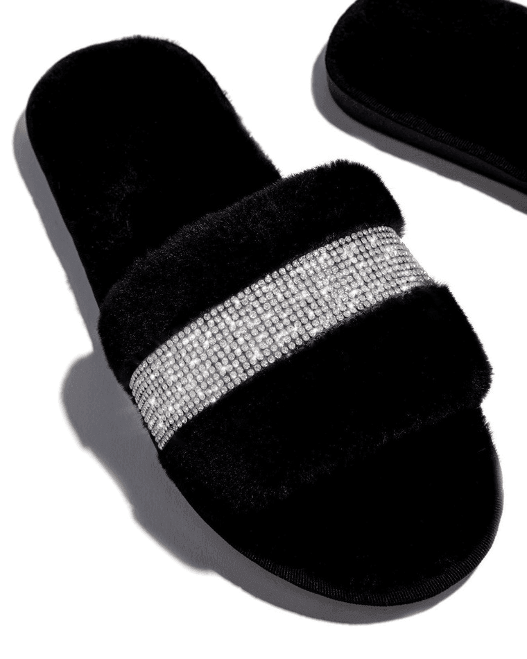 Rhinestone Fluff Flat Slippers