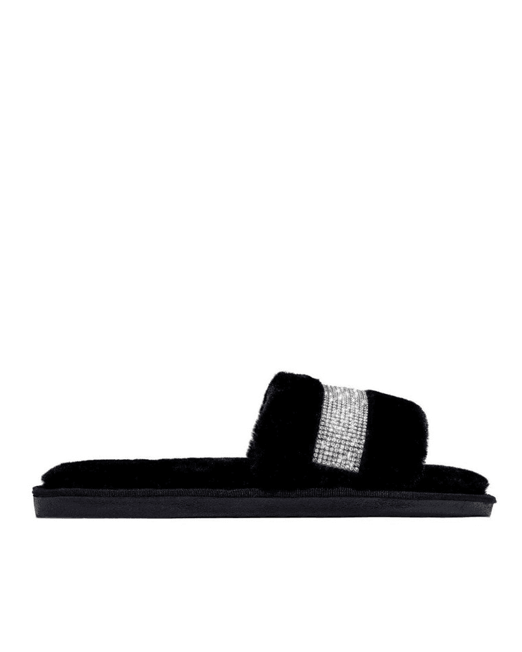 Rhinestone Fluff Flat Slippers