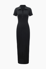Ribbed Short Sleeve Button Down Slit Maxi Dress