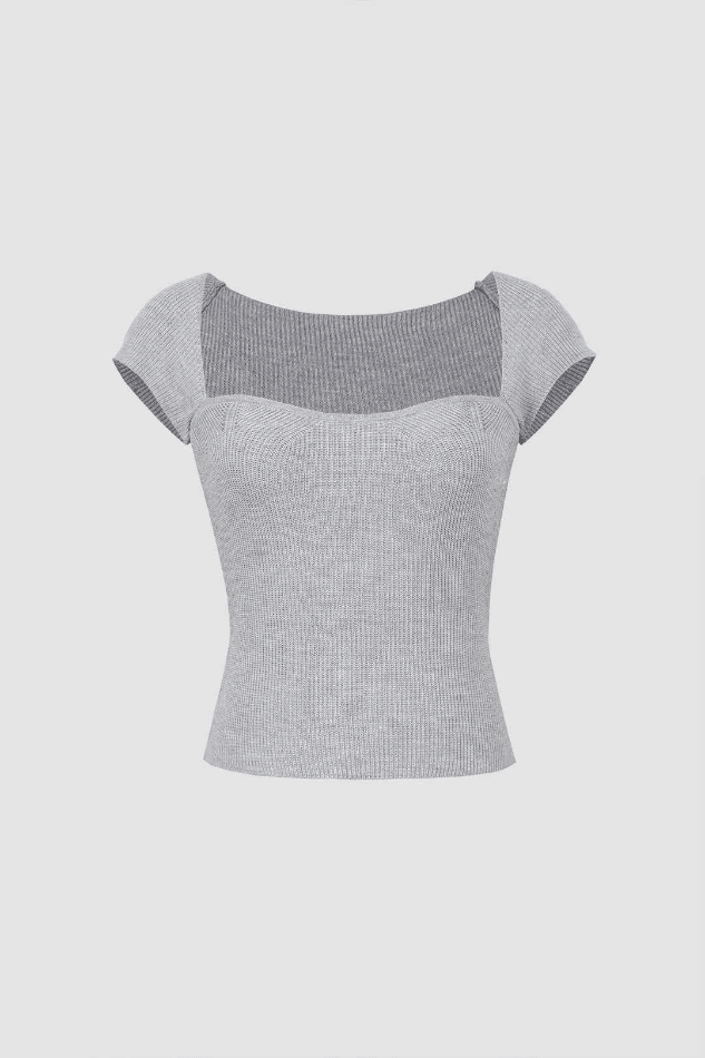 Ribbed Square Neck Short Sleeve T-Shirt