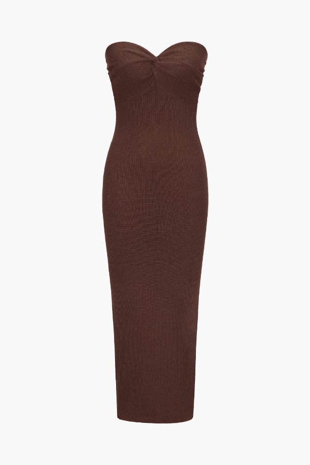 Ribbed Twist Front Strapless Midi Dress