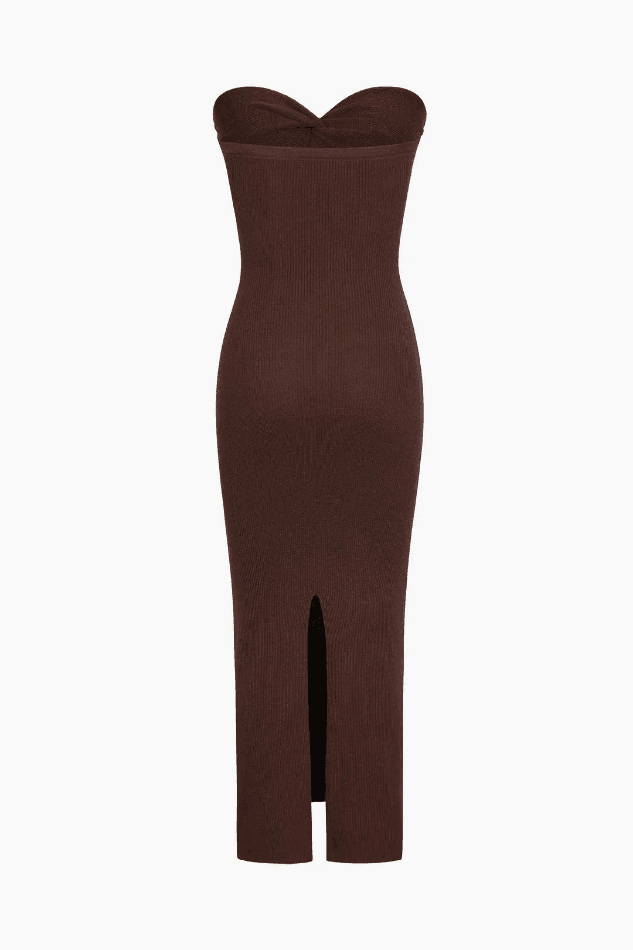 Ribbed Twist Front Strapless Midi Dress