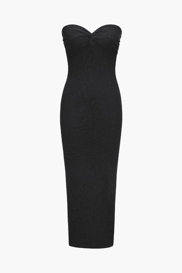 Ribbed Twist Front Strapless Midi Dress