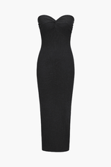 Ribbed Twist Front Strapless Midi Dress