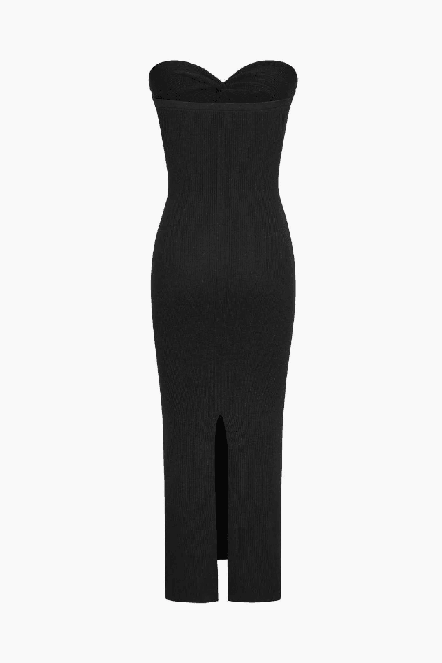 Ribbed Twist Front Strapless Midi Dress