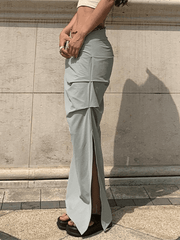 Ruched Split Y2K Long Cargo Skirt