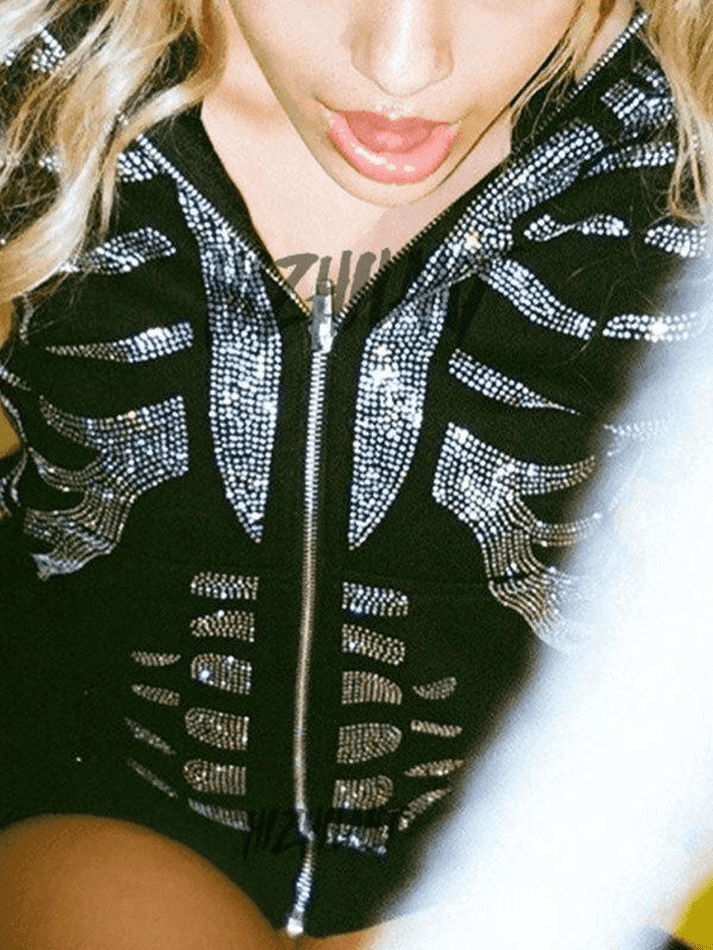 Skull Rhinestone Zipper Hoodie