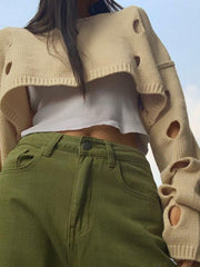 Solid Color Cutout Crop Long Sleeve Knit