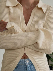 Solid Color Ribbed Flare Design Long Sleeve Shirt