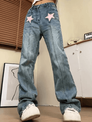 Star Embroidery High Waist Boyfriend Jeans