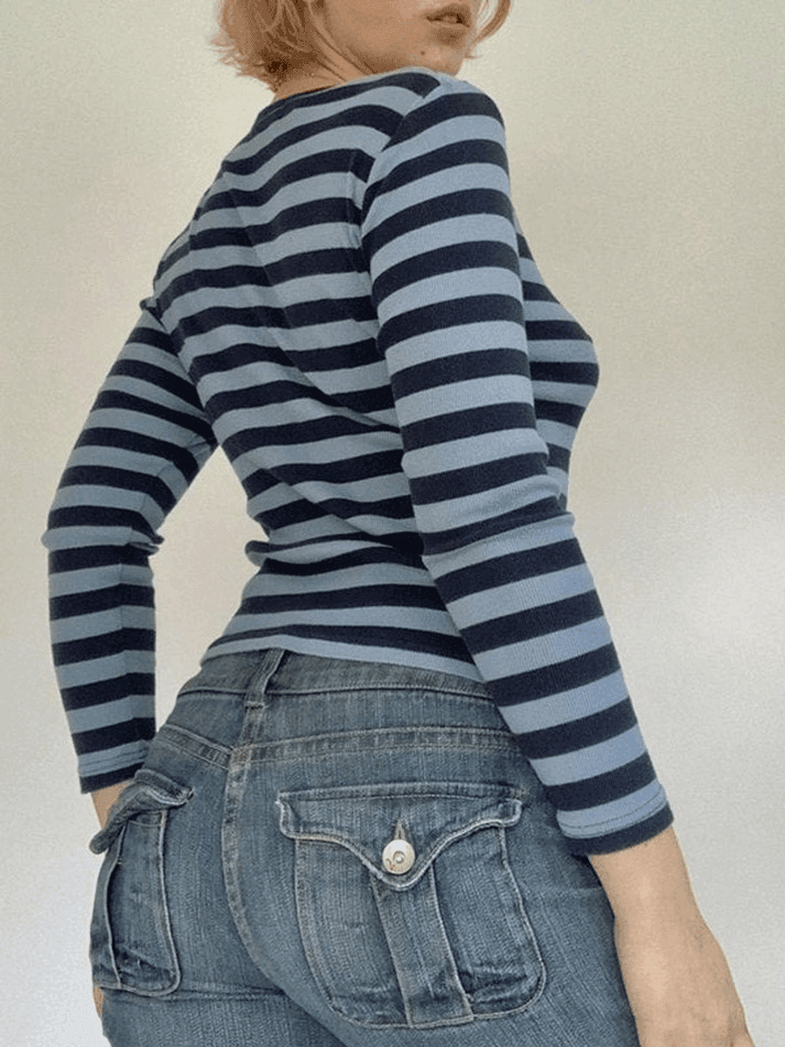 Striped V Neck Long Sleeve Tee