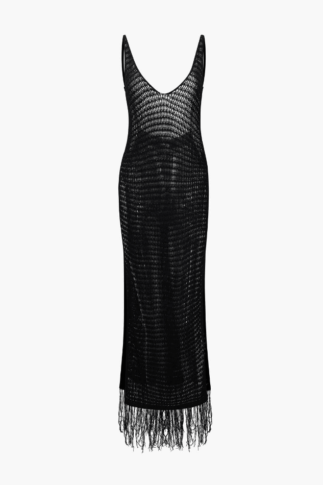 V-neck Tassel Hem Crochet Knit Cover Up Dress