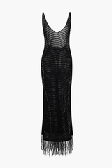 V-neck Tassel Hem Crochet Knit Cover Up Dress
