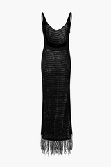 V-neck Tassel Hem Crochet Knit Cover Up Dress