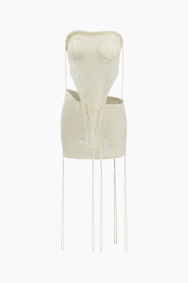 V-Shape Knit Strapless Top And Foldover Mini Skirt Set