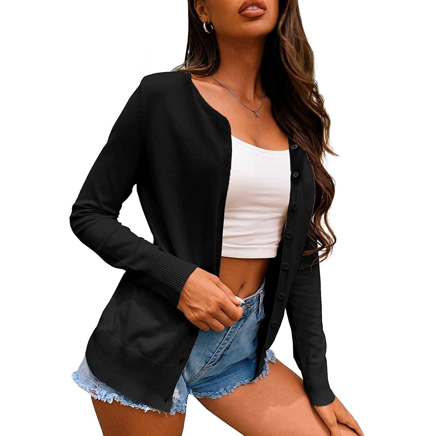 Button Down Crew Neck Long Sleeve Soft Knit Cardigan Sweaters