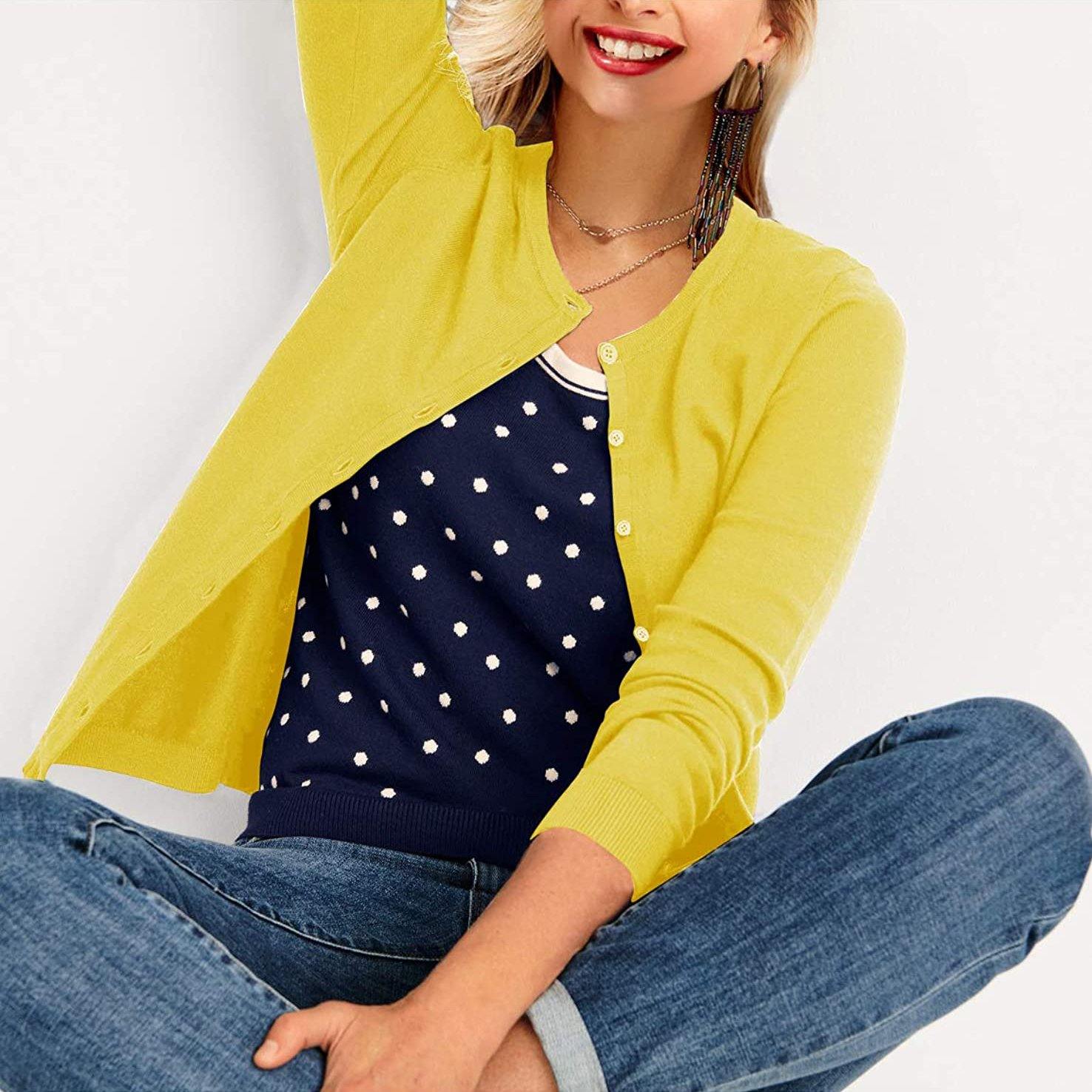 Button Down Crew Neck Long Sleeve Soft Knit Cardigan Sweaters