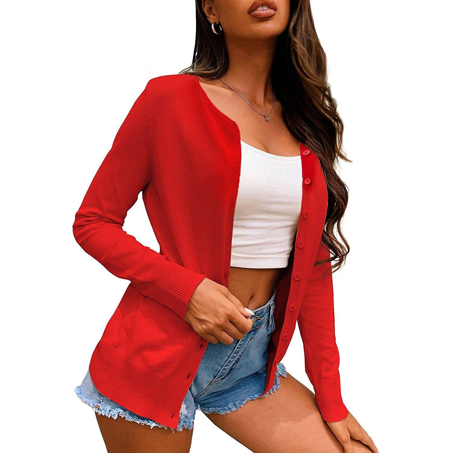 Button Down Crew Neck Long Sleeve Soft Knit Cardigan Sweaters