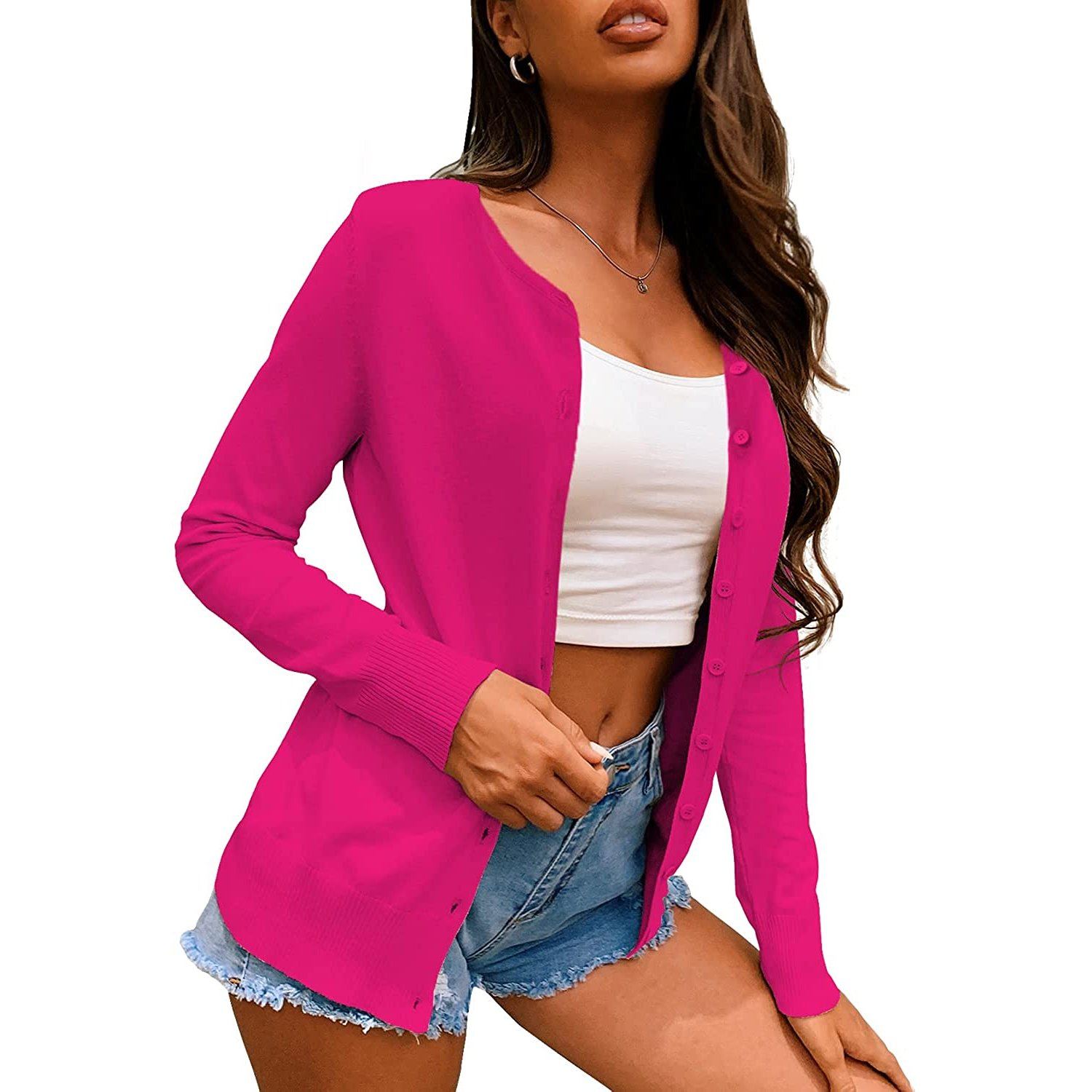 Button Down Crew Neck Long Sleeve Soft Knit Cardigan Sweaters