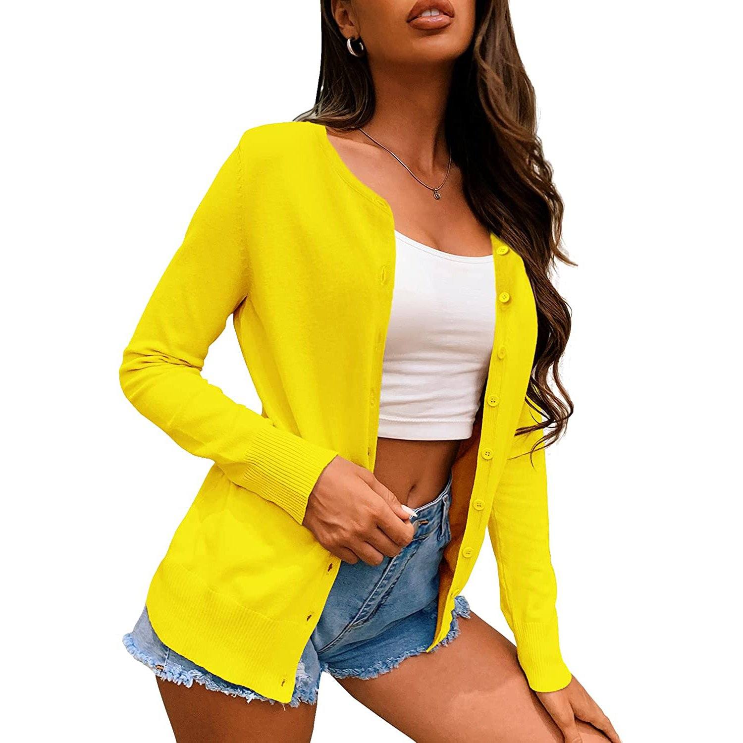 Button Down Crew Neck Long Sleeve Soft Knit Cardigan Sweaters