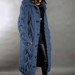 Cardigan Sweater Jumper Cable Chunky Knit Hooded Solid Color Open Front