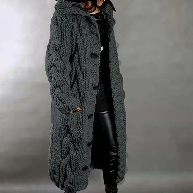 Cardigan Sweater Jumper Cable Chunky Knit Hooded Solid Color Open Front