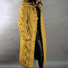 Cardigan Sweater Jumper Cable Chunky Knit Hooded Solid Color Open Front