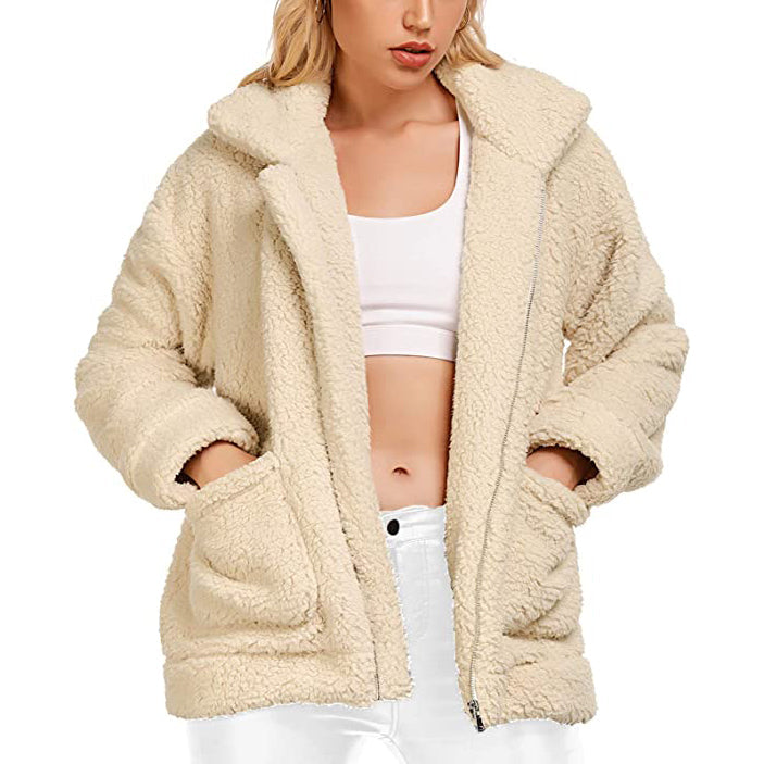 Casual Lapel Fleece Fuzzy Faux Shearling Zipper Coat
