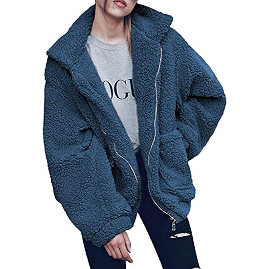 Casual Lapel Fleece Fuzzy Faux Shearling Zipper Coat